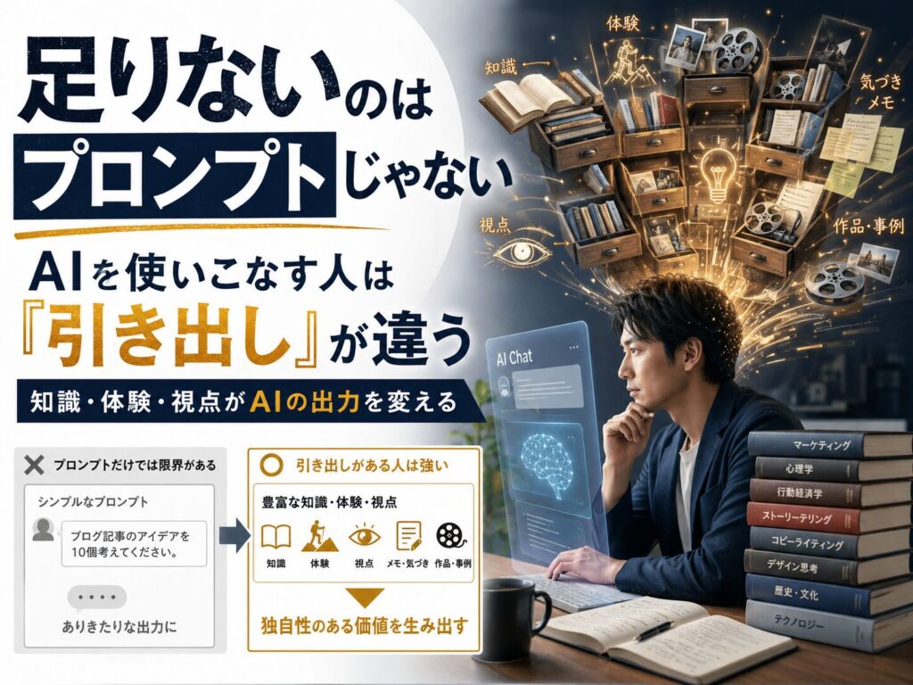 AIを使っても記事がイマイチになる理由は、プロンプトではなく「渡せる素材」の薄さにあります。自分の引き出しがAIの限界になる構造と、オウンドメディアへの影響を考えます。
