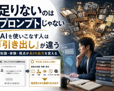 AIを使っても記事がイマイチになる理由は、プロンプトではなく「渡せる素材」の薄さにあります。自分の引き出しがAIの限界になる構造と、オウンドメディアへの影響を考えます。