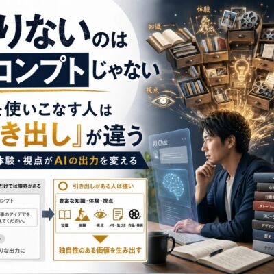 AIを使っても記事がイマイチになる理由は、プロンプトではなく「渡せる素材」の薄さにあります。自分の引き出しがAIの限界になる構造と、オウンドメディアへの影響を考えます。