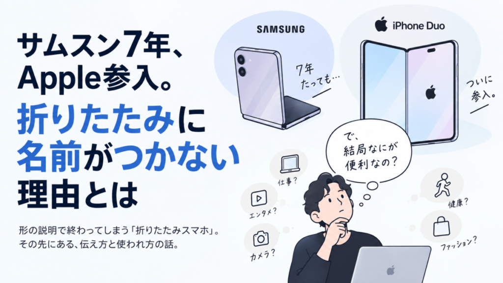 AppleがiPhone Duoで折りたたみ市場に参入。登場から7年以上たっても「何が便利なのか」を一言で説明しにくい理由を、Galaxy、Apple Watch、iPodの事例から考えます。