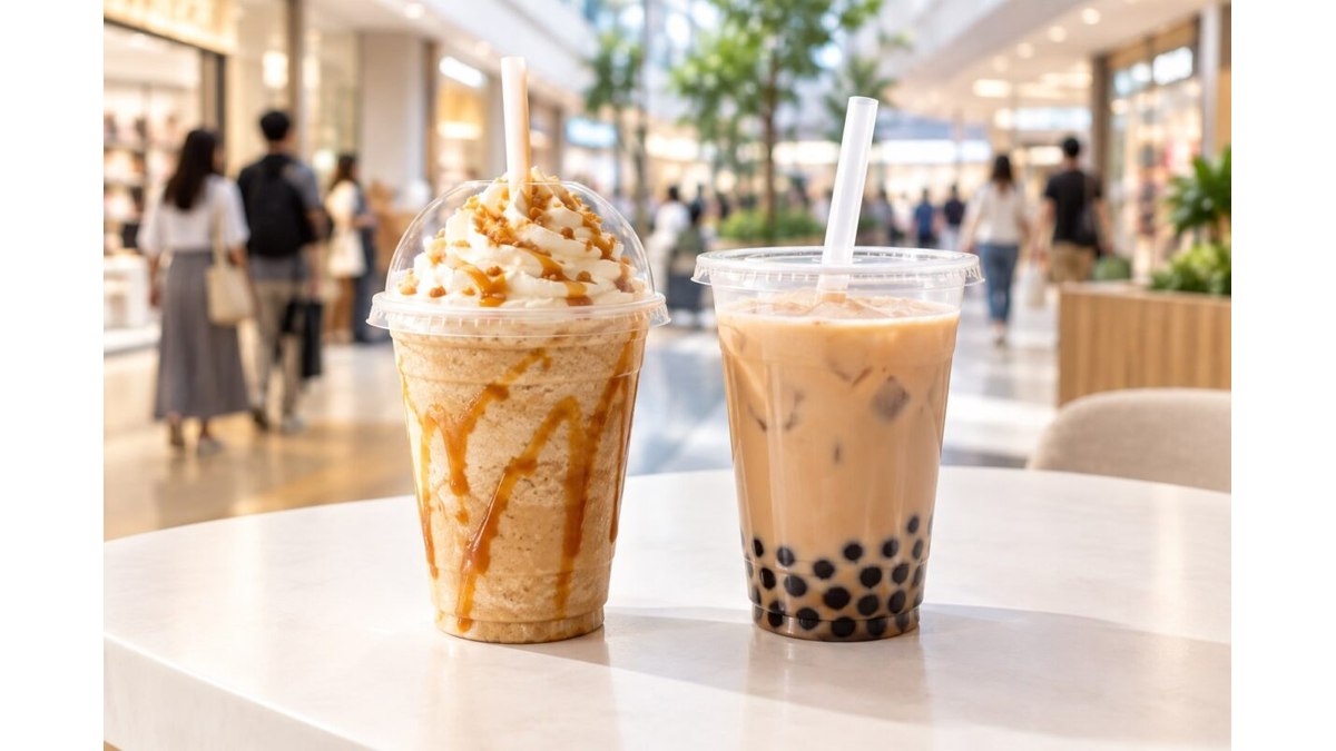 フローズン系の甘い飲み物とタピオカ入りミルクティーを比較するイメージ